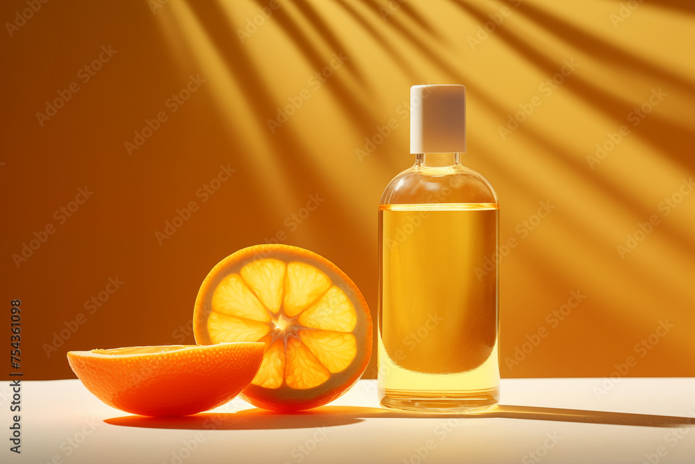 Golden oil in clear bottle, fresh orange slices, warm light casting dramatic shadows. Concept for skincare or culinary use. Golden oil in clear bottle, fresh orange slices, warm light casting dramatic shadows. Concept for skincare or culinary use.