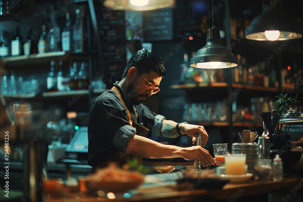 Frame the shot to showcase the bartender's intense concentration as they meticulously measure ingredients, with soft focus on the surrounding bar elements, maintaining a minimalist