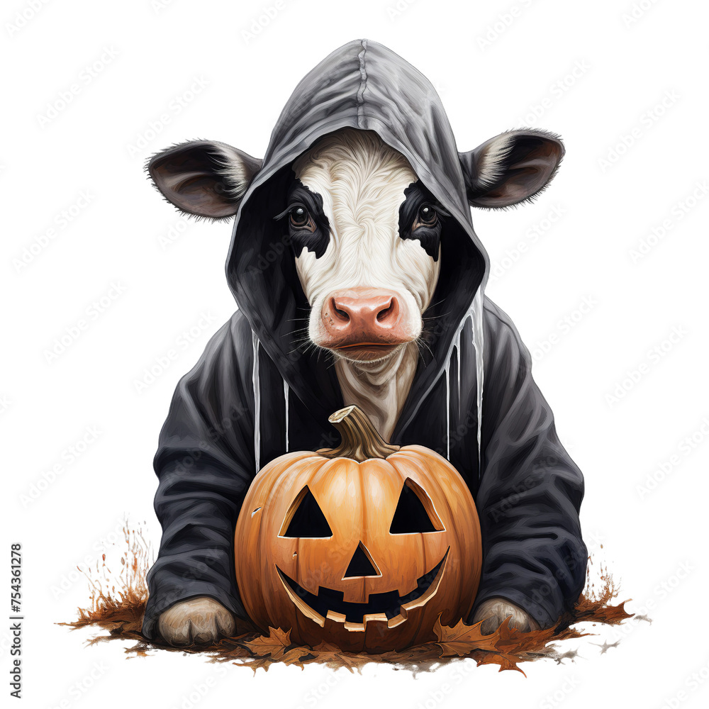 halloween cow a painting of a animal wearing, Isolated on transparent PNG background, Generative ai