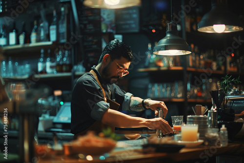 Frame the shot to showcase the bartender's intense concentration as they meticulously measure ingredients, with soft focus on the surrounding bar elements, maintaining a minimalist