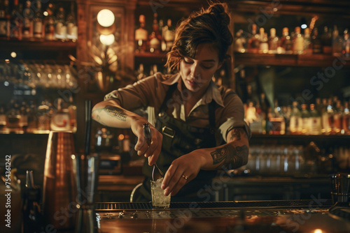 Frame the shot to showcase the bartender s intense concentration as they meticulously measure ingredients  with soft focus on the surrounding bar elements  maintaining a minimalist