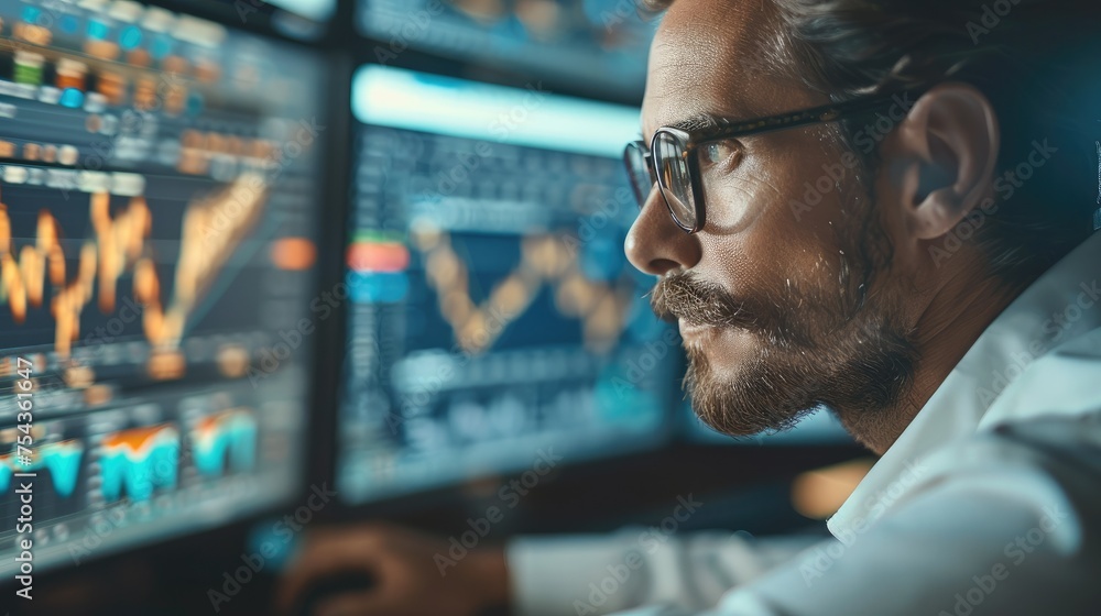 Man professional navigating multiple screens with precision, focused demeanor as indicators of excellence in data management and operational efficiency. Generative AI. Man professional navigating multiple screens with precision, focused demeanor as indicators of excellence in data management and operational efficiency. Generative AI.