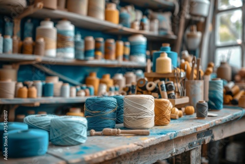 Wallpaper Mural Artisanal Yarn Balls on Workbench
 Torontodigital.ca