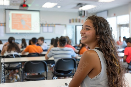 Smiling Student in Classroom Setting 