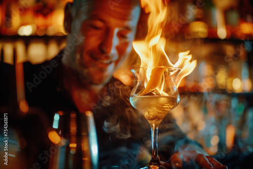 Focusing on the intensity in a barman's eyes as they flame an orange peel over a cocktail, the flicker of the flame reflected in the glass