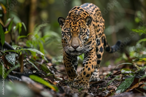 Jaguar Prowling in Lush Tropical Rainforest 