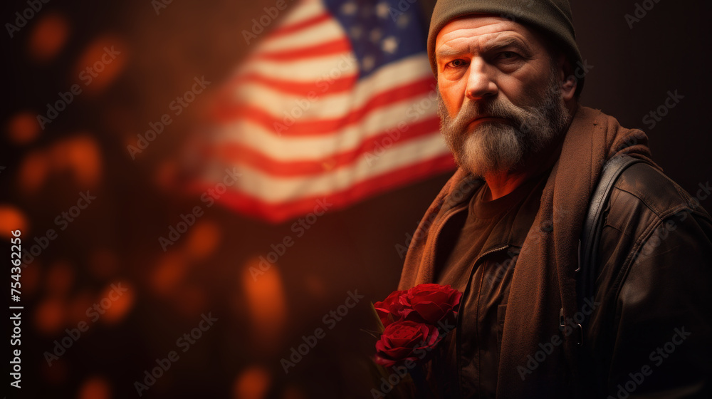 Veteran with flowers and flag by the Eternal Flame
