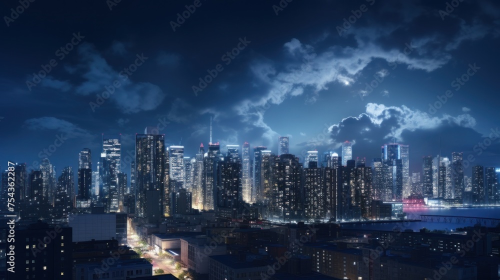 Urban Nightscape Glowing Skyscrapers in the Dark