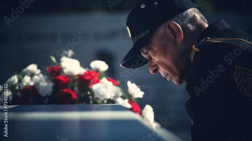 Veteran honoring Tomb of the Unknown Soldier with flowers and American flag