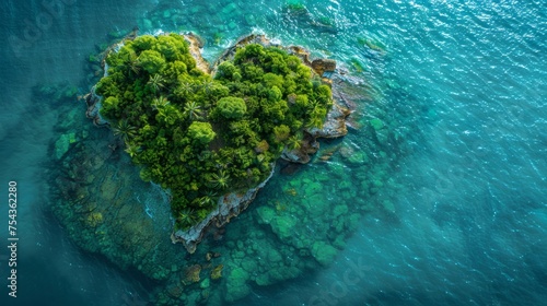 Aerial view of a heart-shaped island in a blue sea, green life flourishing, Donate Life