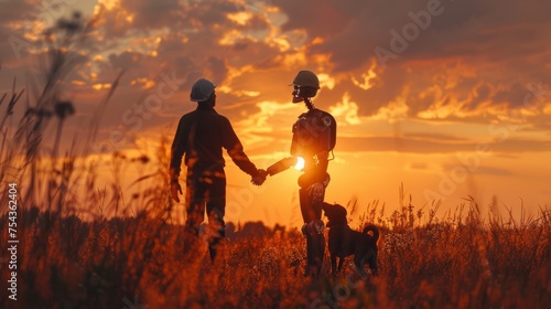 Joyful moment as a businessman and a robot, both in hardhats, and a dog celebrate a construction partnership with a handshake, sunrise backdrop