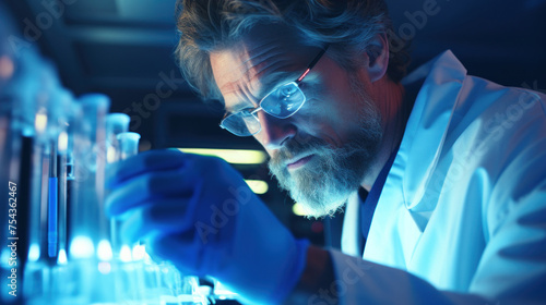 Scientist Pipetting Blue Liquid in Isolated Lab