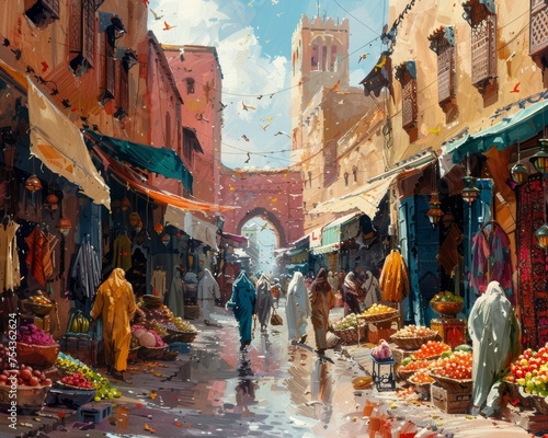 A painting of a busy market street with people walking and shopping © AW AI ART