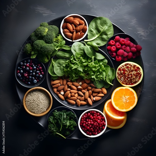 Nutritious Superfoods Assortment - Fresh Organic Vegetables, Fruits, and Nuts on a Dark Background