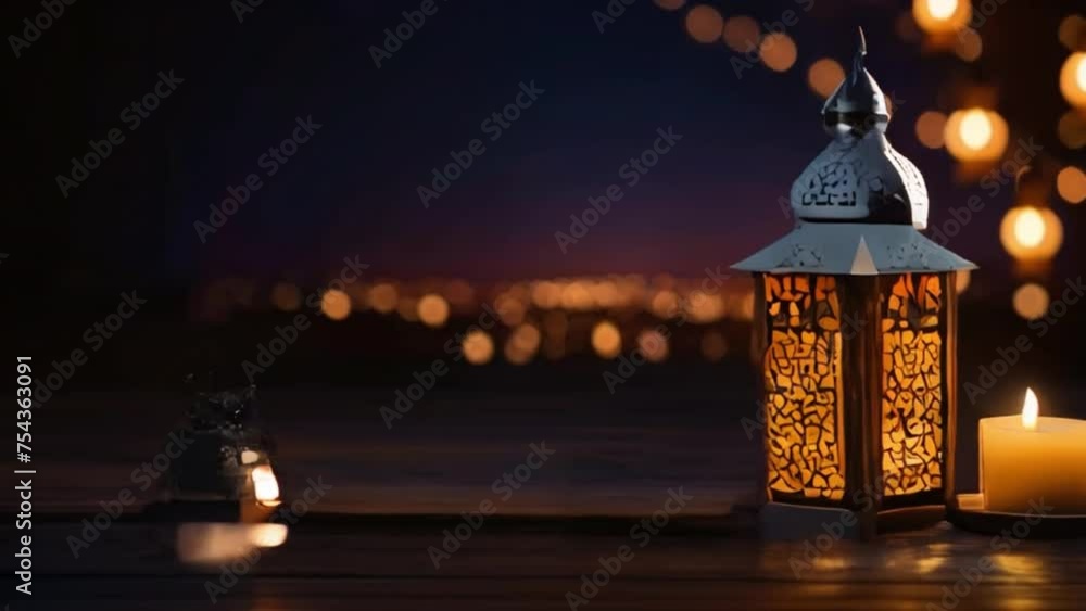 Ramadan decoration with arabic lantern and candle in night Ramadan decoration with arabic lantern and candle in night