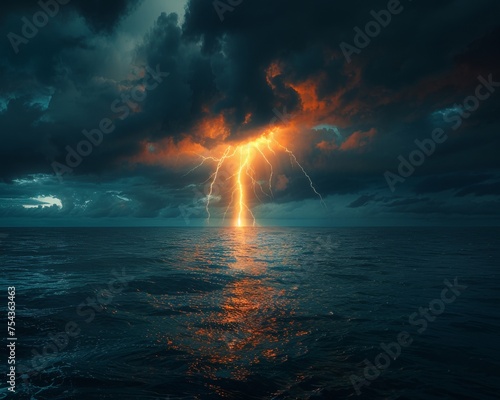 A lightning bolt strikes the ocean, creating a dramatic and intense scene photo