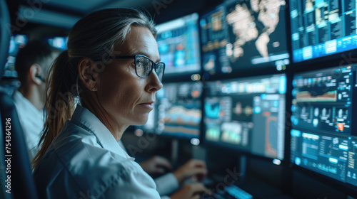 Team of professionals in a sophisticated monitoring control room, intensely focusing on multiple screens displaying various data. The room is equipped with advanced technological tools. Generative AI.