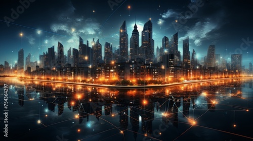 Abstract night city map with technology network big data connection lines futuristic invention background