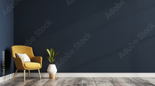 Living room interior mockup in warm tones with armchair on empty dark blue wall background