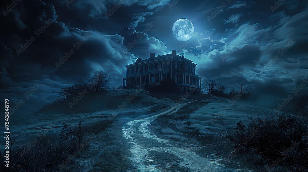Obraz premium A mansion sitting on top of a hill with a long winding driveway, dark night, moon. Generative AI.