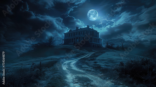 A mansion sitting on top of a hill with a long winding driveway, dark night, moon. Generative AI. photo