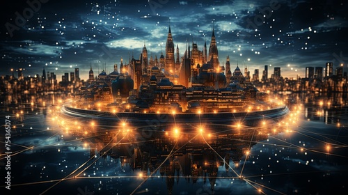 Future world digital technology network background with Night city map big data global communication © pixeness