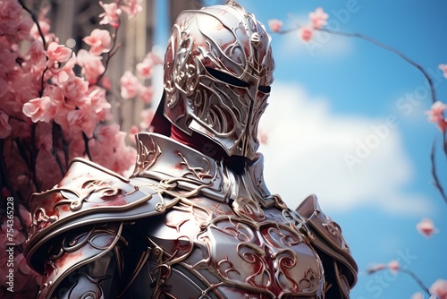 Armor-Clad Figure Amidst Natures Beauty, To convey a sense of contrast between the hardness of armor and the delicacy of nature, evoking feelings of photo