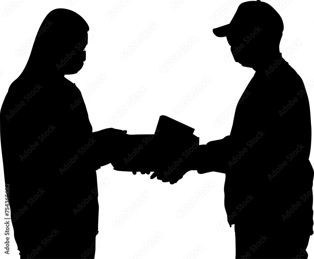 Silhouette courier service and delivery man carrying box vector
