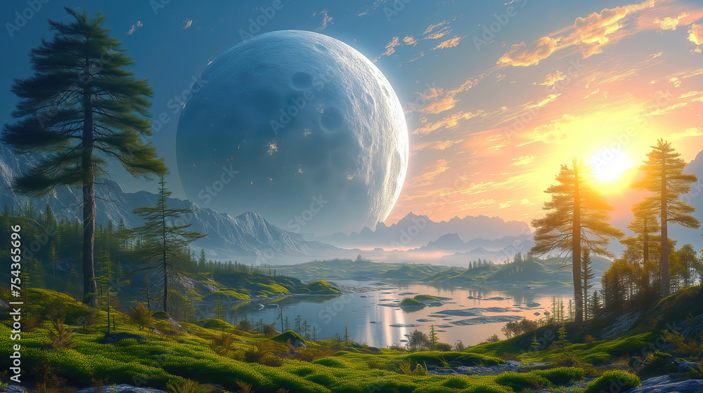 Alien planet landscape with glowing moon and green mosses in the river pool among the trees. Alien planet landscape with glowing moon and green mosses in the river pool among the trees.