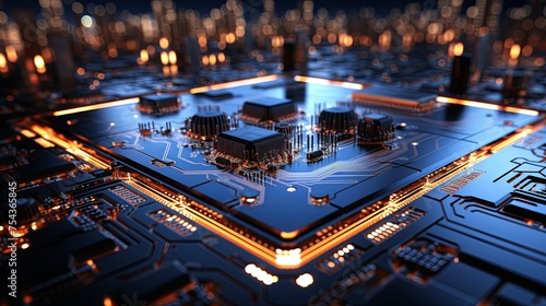 Close up electronic circuit board or computer microchip futuristic technology background