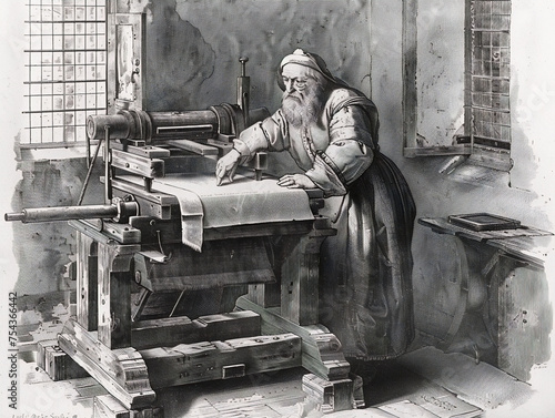 Revolutionary moment captured as Gutenberg demonstrates his groundbreaking invention, the printing press, in action. photo