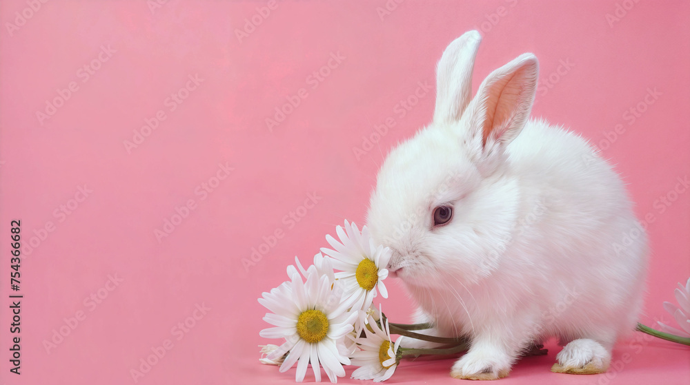 Fototapeta premium Easter Bunny and Flowers Banner Cover Background with text Space for Greeting or Social media Post. Pascha Fest. Neo Art Cards E V 3 42