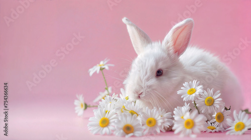 Easter Bunny and Flowers Banner Cover Background with text Space for Greeting or Social media Post. Pascha Fest. Neo Art Cards E V 3 45