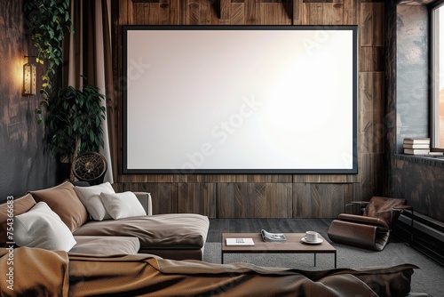 Obraz na płótnie A home theater projector screen mockup with a blank display, in a cozy living room. w salonie