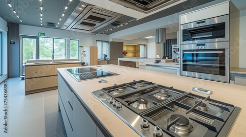A high-end kitchen appliance showroom with an empty frame for cooking demos, state-of-the-art appliances, and a demo kitchen