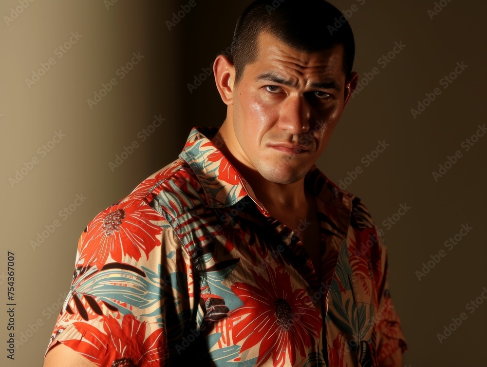 A multicultural man wearing a flowered shirt making eye contact with the camera A multicultural man wearing a flowered shirt making eye contact with the camera