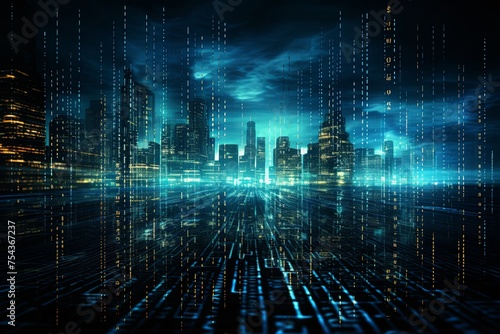 Digital binary data on computer screen background with big data transfer futuristic technology background