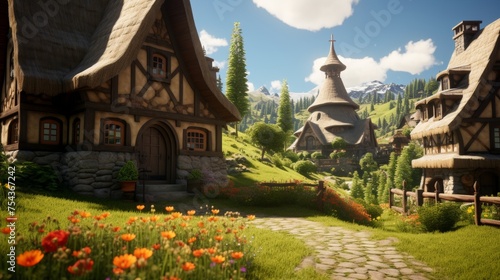 Medieval cityscape with towering ancient fortresses and traditional european houses