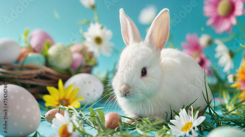 Easter Bunny and Flowers Banner Cover Background with text Space for Greeting or Social media Post. Pascha Fest. Neo Art Cards E V 3 27 © Serious Trendy Man