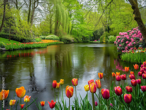 Vibrant tulips bloom in lush garden, showcasing the beauty of Keukenhof Gardens in the Netherlands. photo
