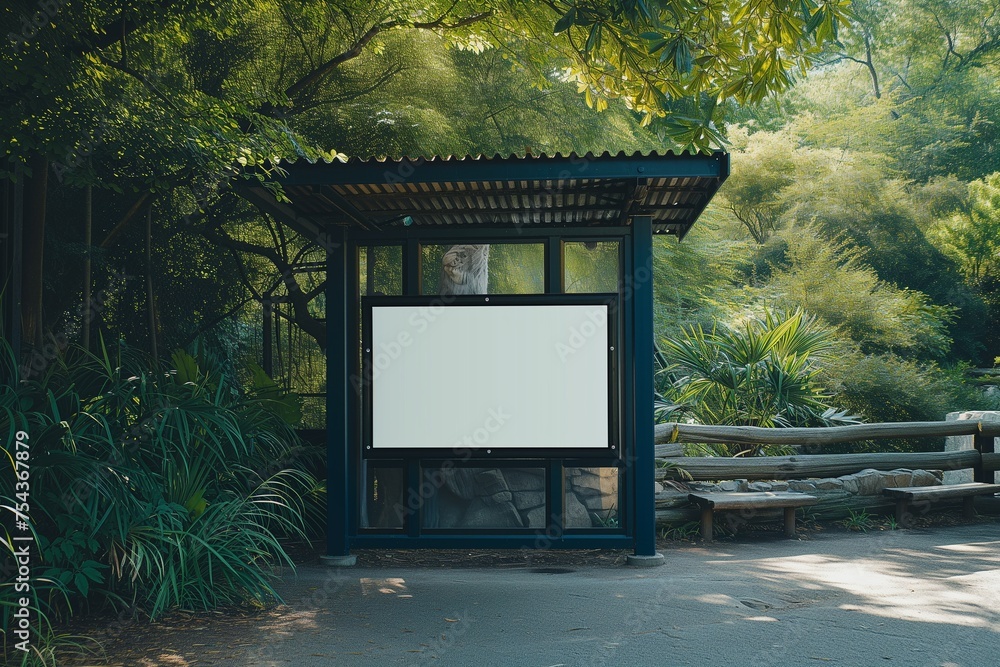 A zoo information display mockup with a blank screen, near animal enclosures.
