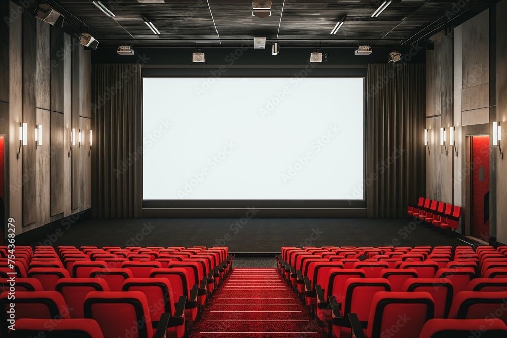 A cinema movie poster display mockup with a blank screen, in a theater lobby.