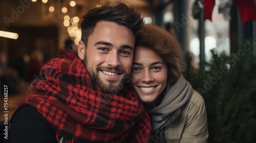 A multiracial man and woman standing close together, both smiling happily at the camera