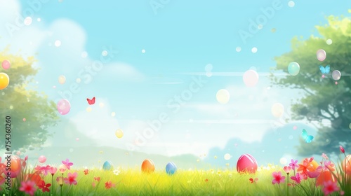 Panoramic view of a green meadow with colorful easter eggs, spring celebration background © Victor