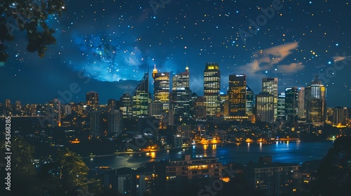 星が空にまばゆく輝く、素敵な夜の都会の遠景
