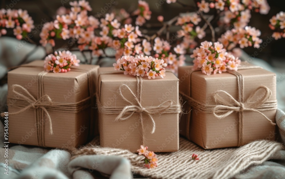 Three colorful wrapped presents are neatly placed on top of a wooden table Three colorful wrapped presents are neatly placed on top of a wooden table