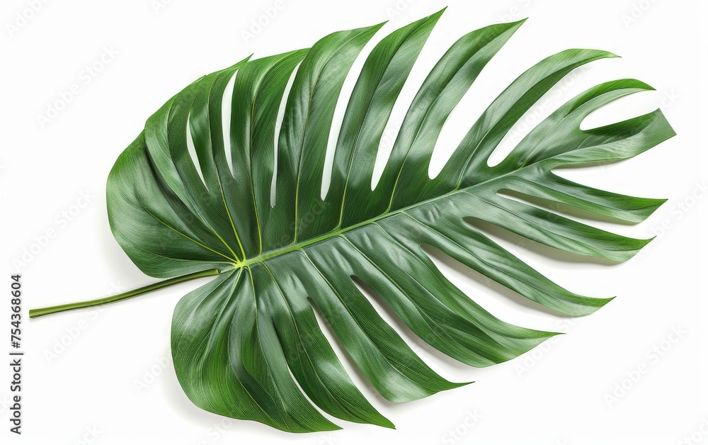 Obraz premium A single large green leaf stands out against a plain white background, showcasing its vibrant color and intricate veins
