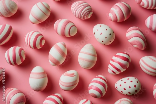 Pink and white Easter eggs over pink background