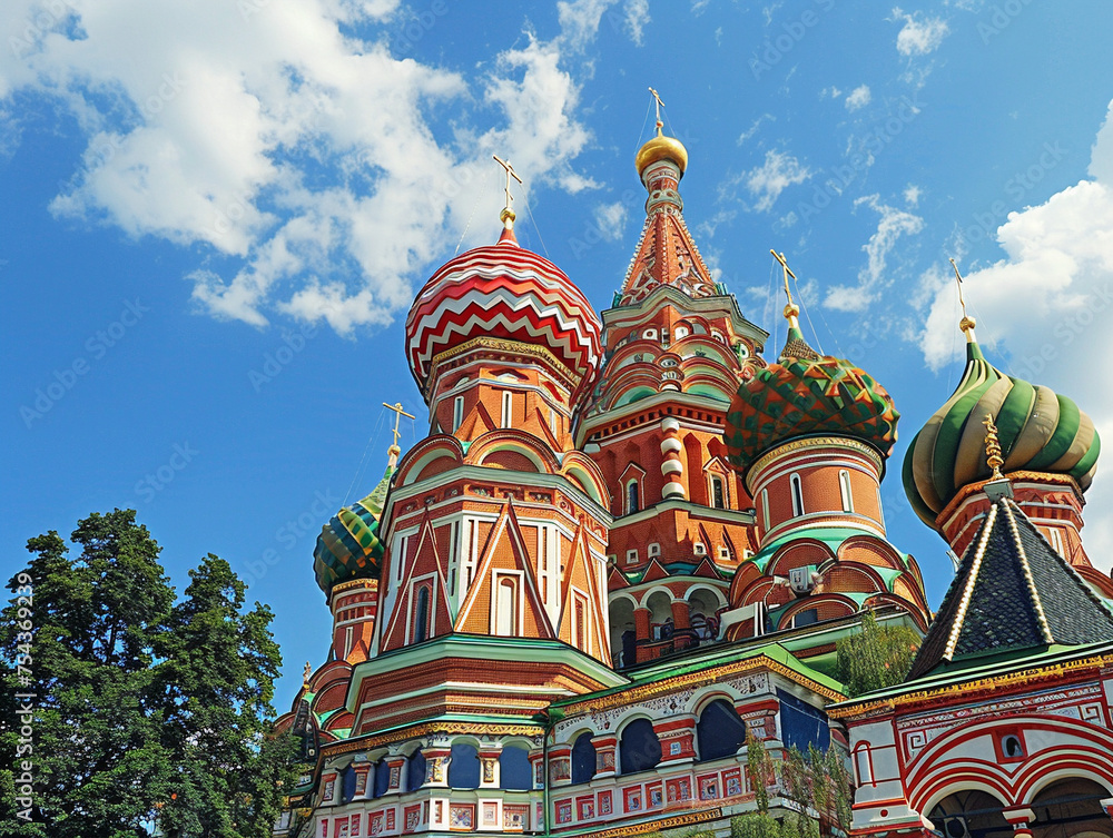 Iconic St. Basil's Cathedral in Moscow, Russia. Vibrant colors and unique architecture in traditional style.