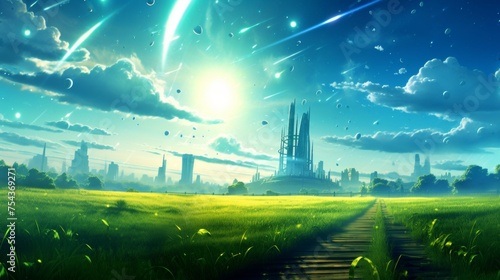 Panoramic cityscape of the future with a green meadow in the foreground  watercolor illustration